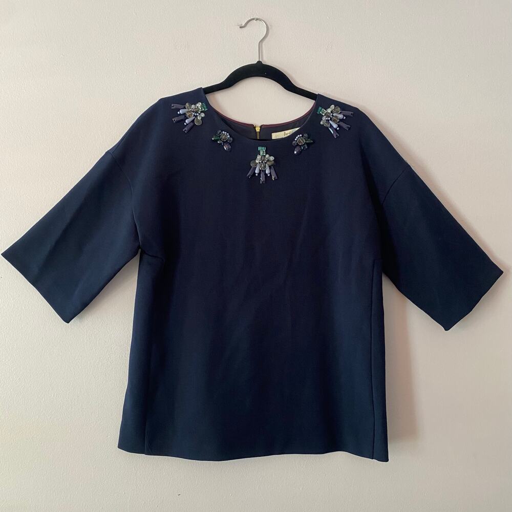 Boden Navy Blue Short Sleeve Blouse Beaded Embellished Glam Party Women's size 8
